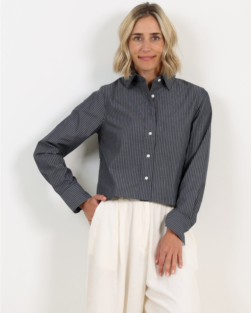 Cropped Striped Poplin Blouse Dark Night