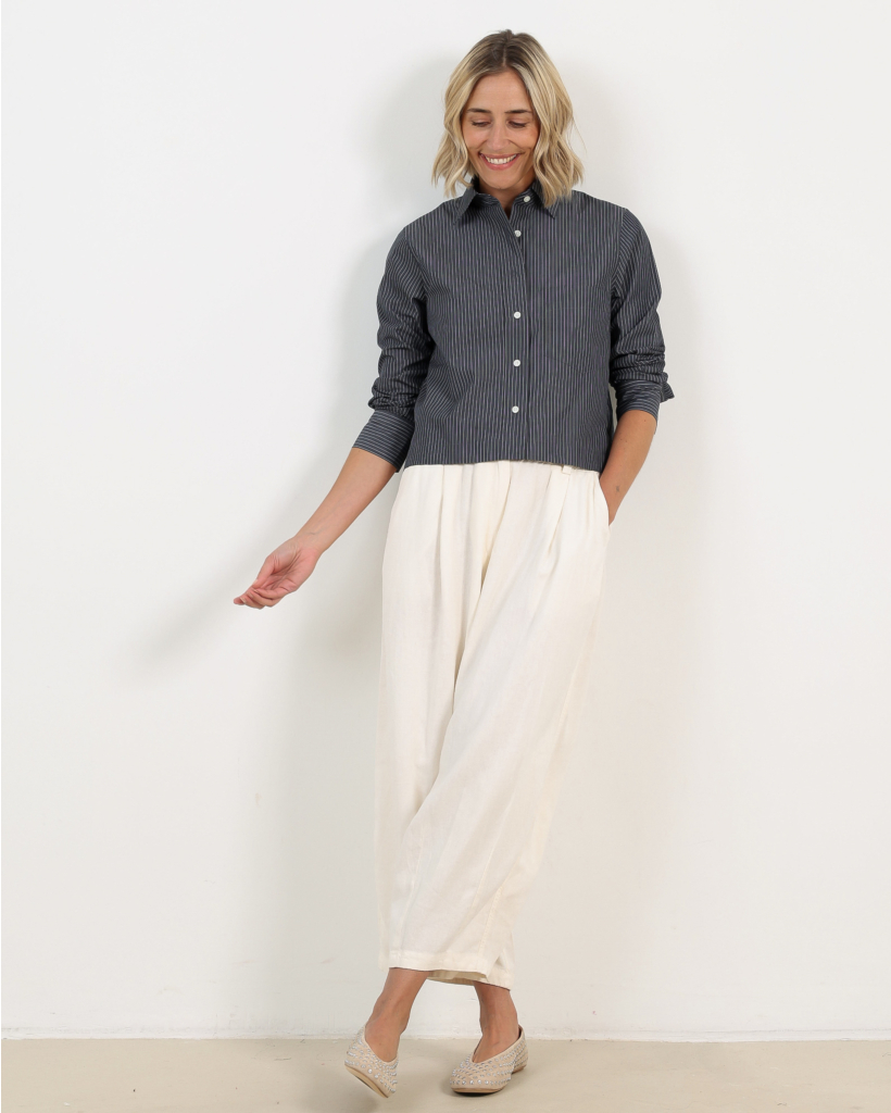 Cropped Striped Poplin Blouse Dark Night