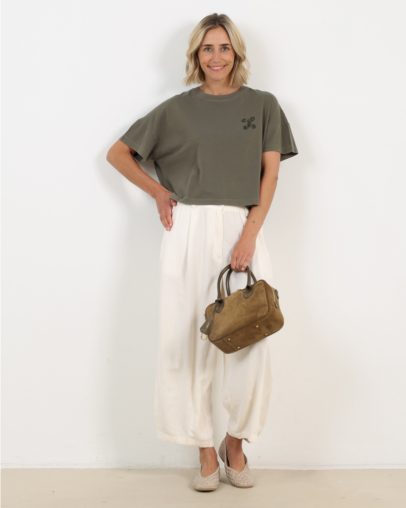 Cropped T-shirt with Logo in Army Green