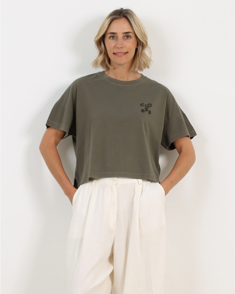 Cropped T-shirt with Logo in Army Green