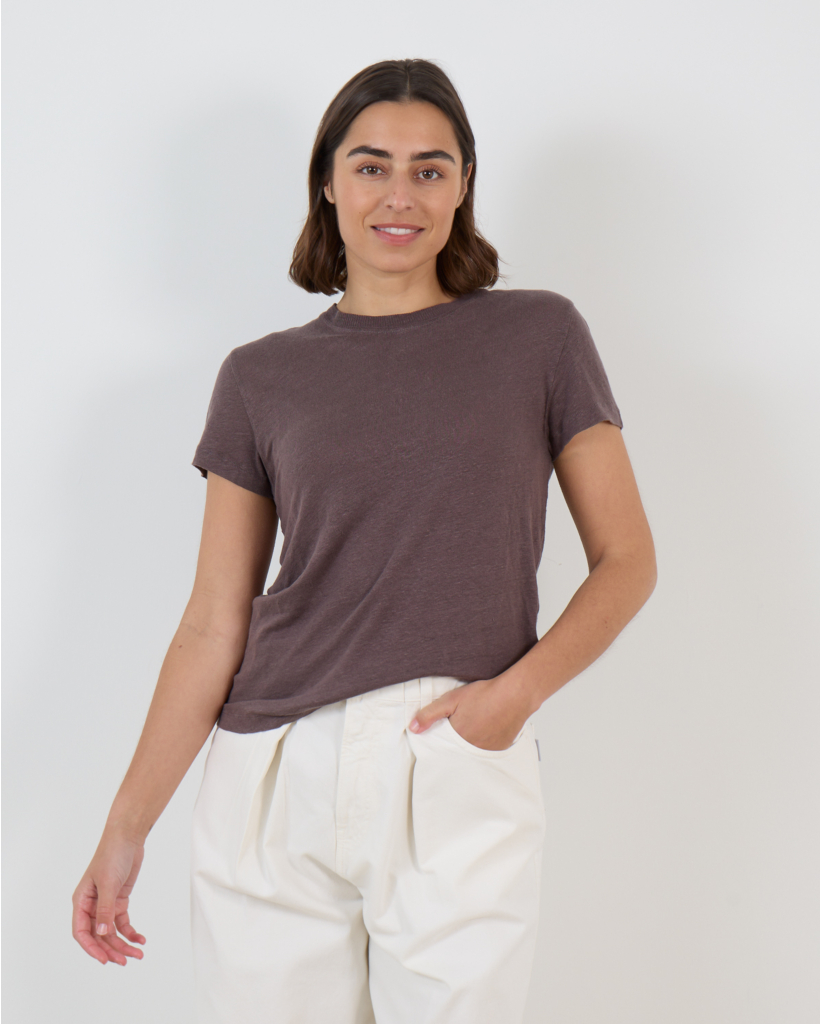 Third Linen T-shirt with Round Neck Brown