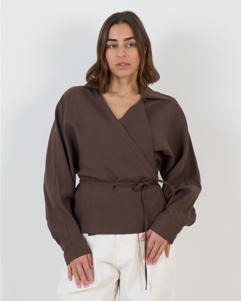Heloa Long Sleeve Wrap Blouse Dark Brown