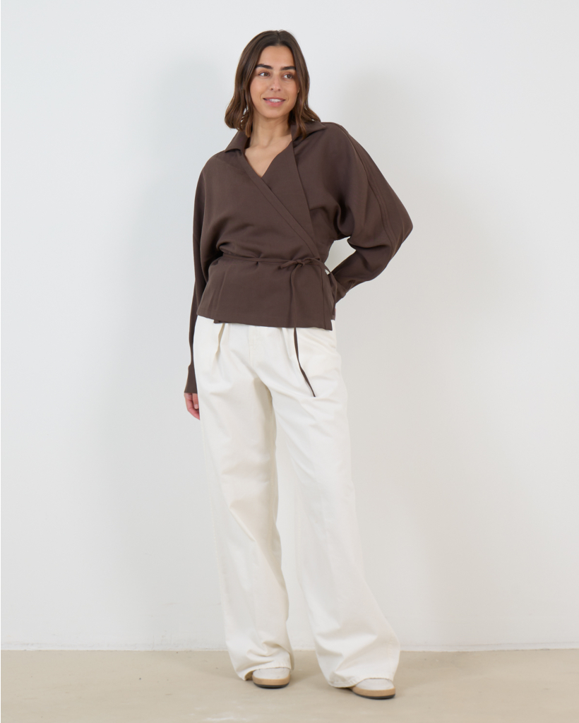 Heloa Long Sleeve Wrap Blouse Dark Brown