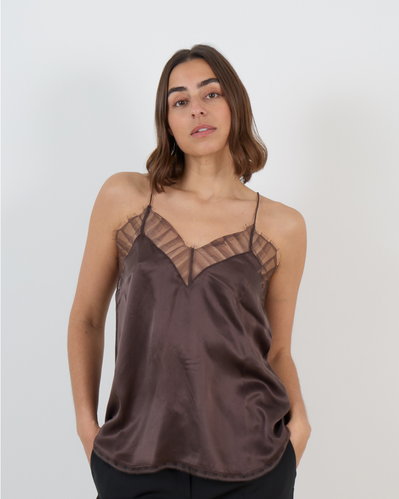 Berwyn Brown Silk Sleeveless Top with Lace