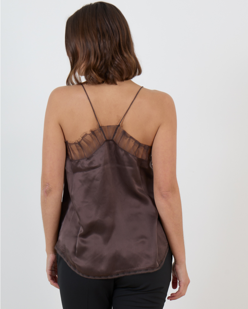 Berwyn Brown Silk Sleeveless Top with Lace