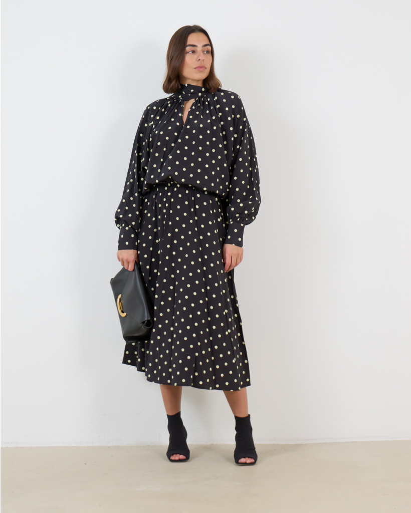 Susan Long-Sleeve Black Polka Dot Midi Dress