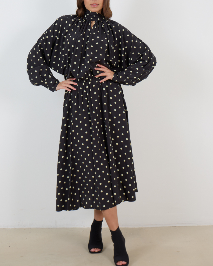 Susan Long-Sleeve Black Polka Dot Midi Dress