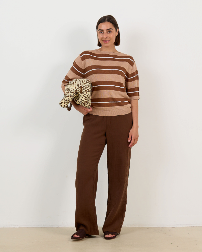 Linen Striped Pullover Three-Quarter Sleeve Dark Terra