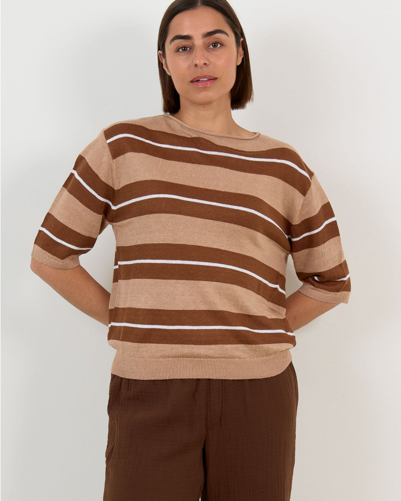 Linen Striped Pullover Three-Quarter Sleeve Dark Terra