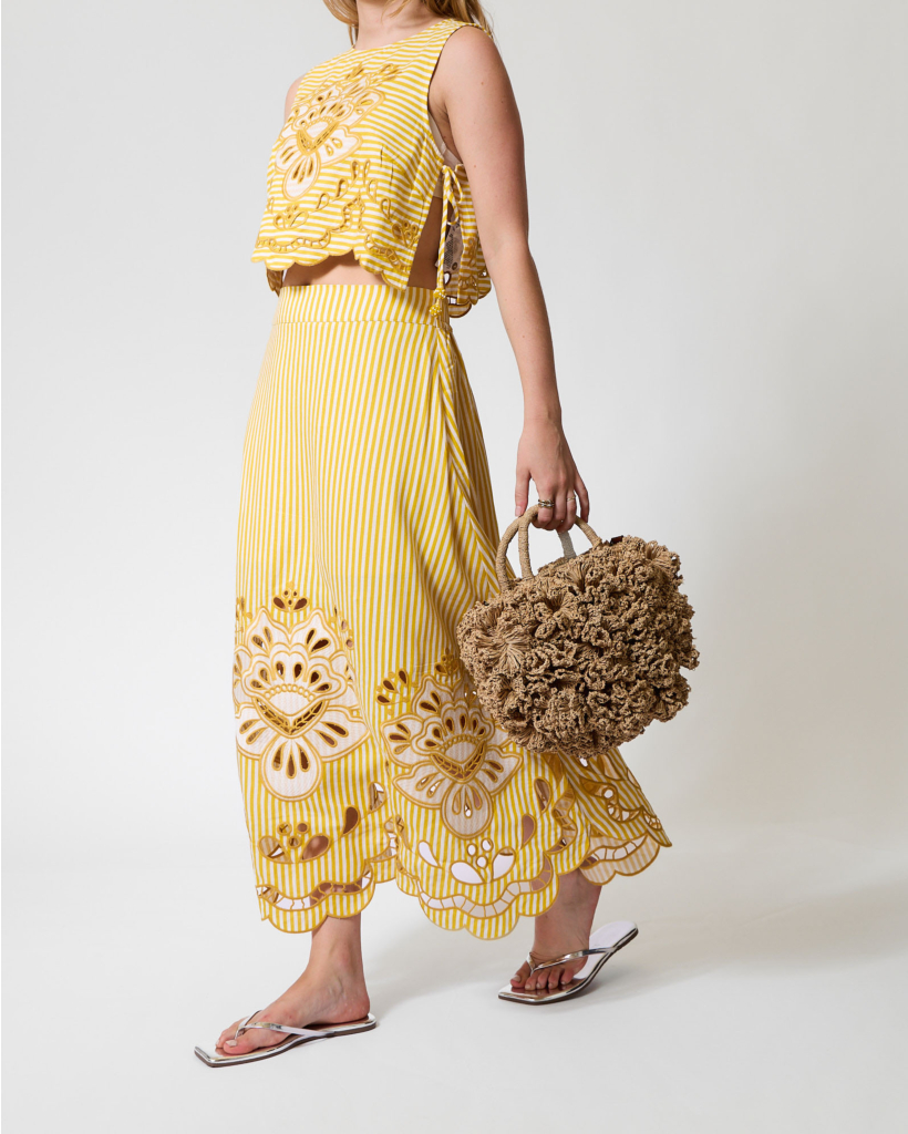 Yellow Striped Richelieu Midi Skirt
