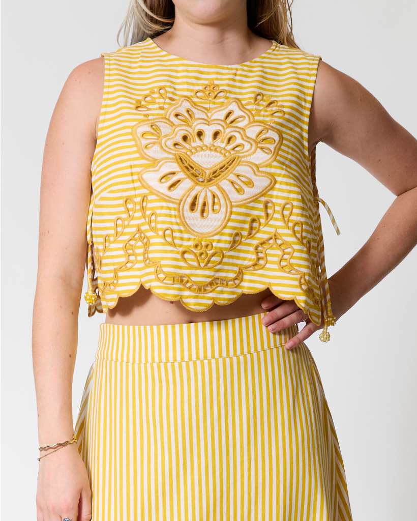 Striped Richelieu Sleeveless Top Yellow