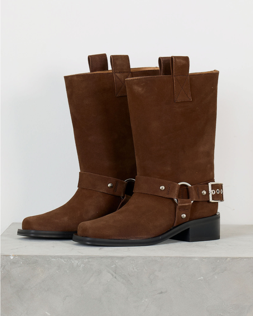 Mid-Shaft Suede Biker Boot in Coffee