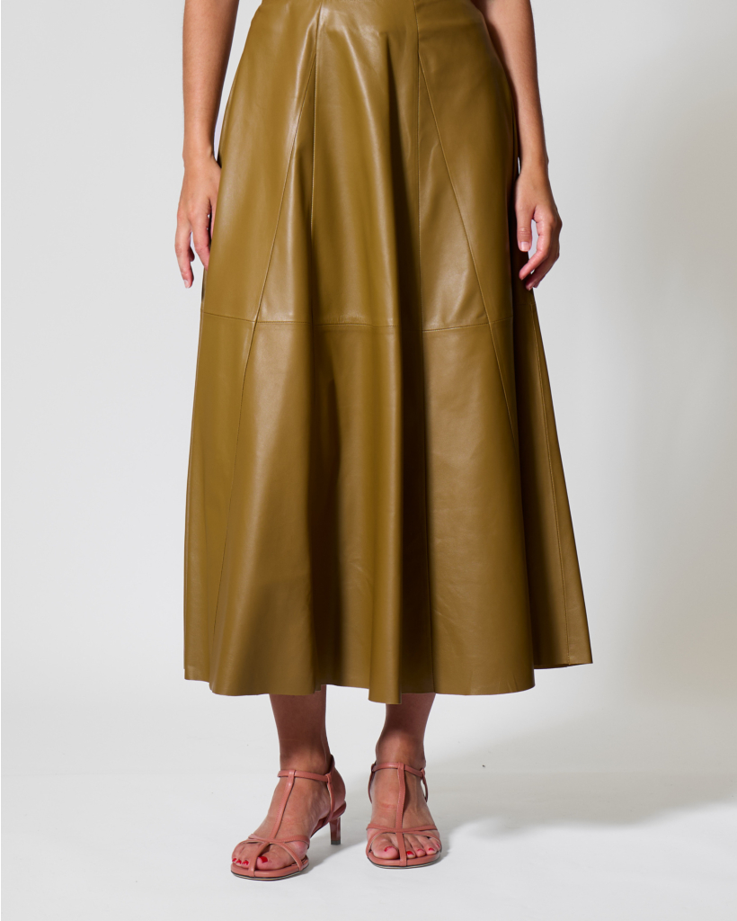 A-line Leather Midi Skirt Dark Olive