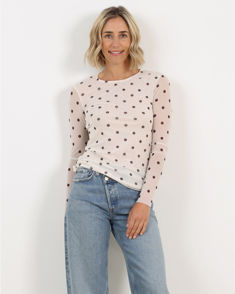 Jodie Polka Dot Mesh Top Ecru/Brown