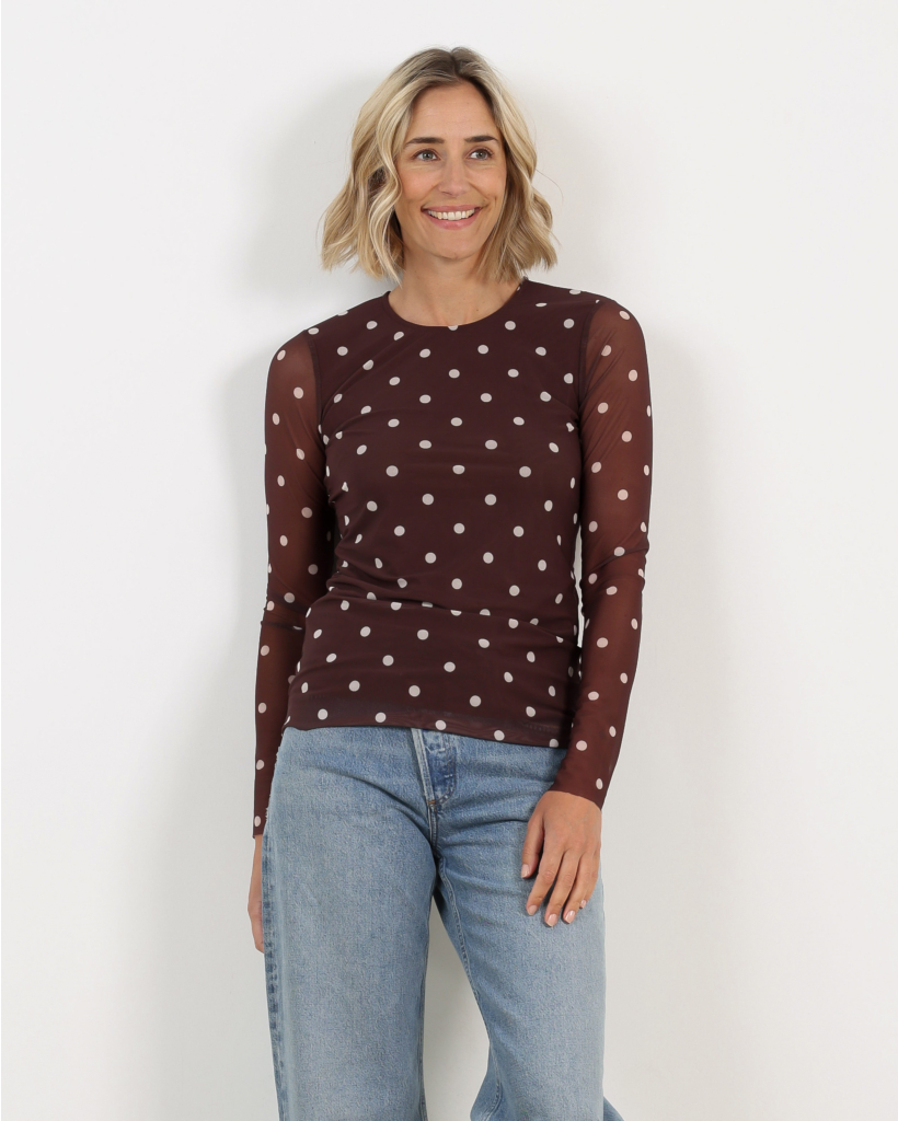 Jodie Polka Dot Mesh Top Brown\Ecru