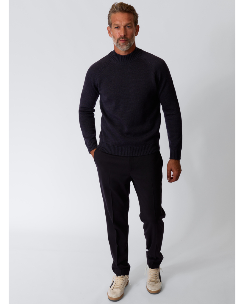 Wool Knit with Diagonal Shoulder Seam in Navy Melange