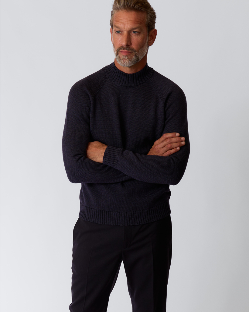 Wool Knit with Diagonal Shoulder Seam in Navy Melange