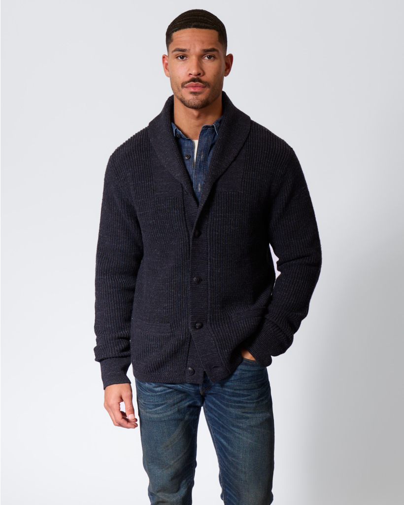 Navy Cotton Cardigan with Shawl Collar