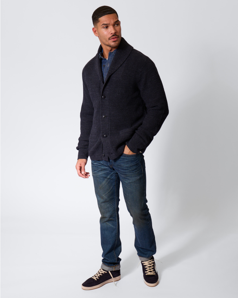 Navy Cotton Cardigan with Shawl Collar