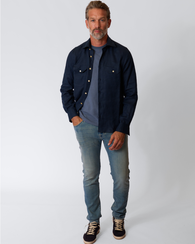 Linnen Blouse met Borstzakken Navy