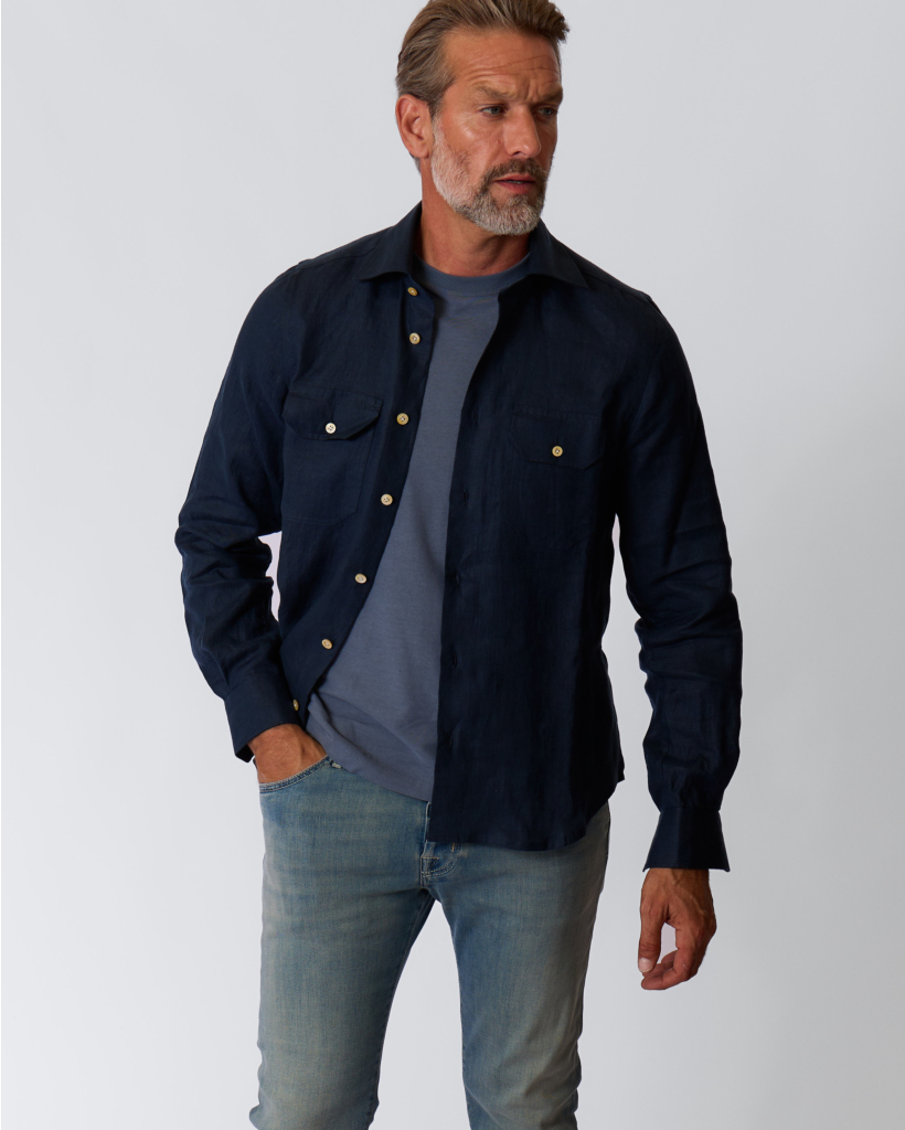 Linnen Blouse met Borstzakken Navy
