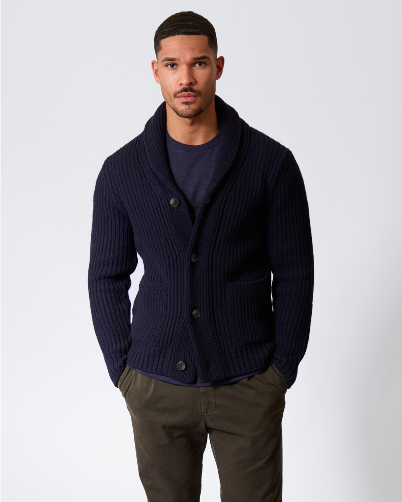 Wool Cardigan with High Collar Dark Night