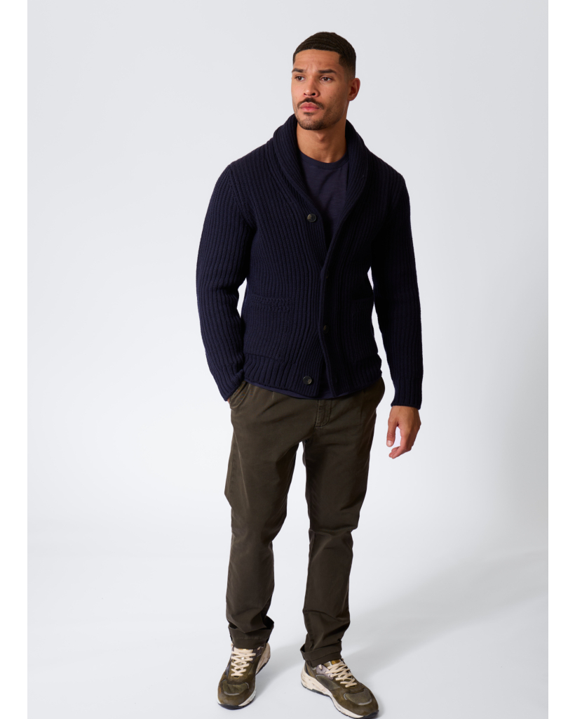 Wool Cardigan with High Collar Dark Night