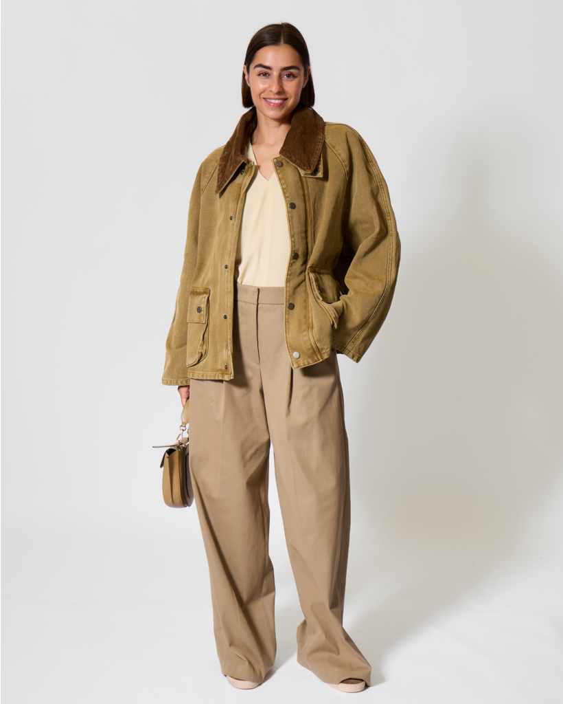 Oversized Jacket with Corduroy Collar in Khaki