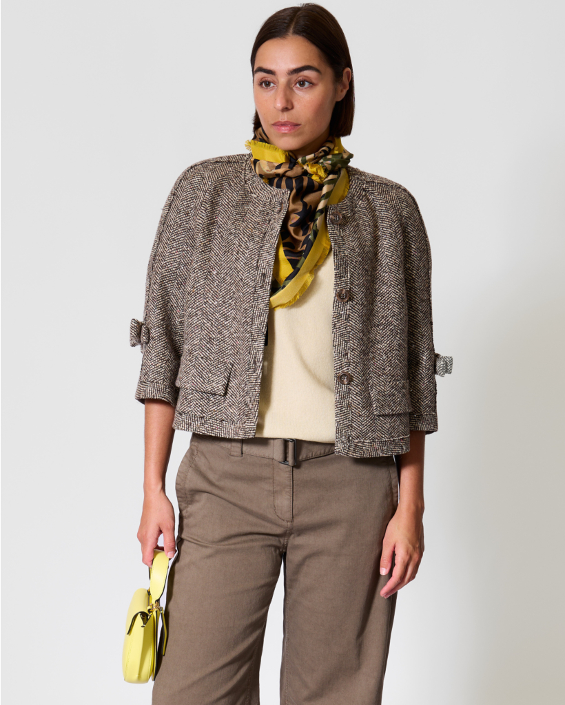 Wool-Blend Herringbone Jacket with Sequins, Brown