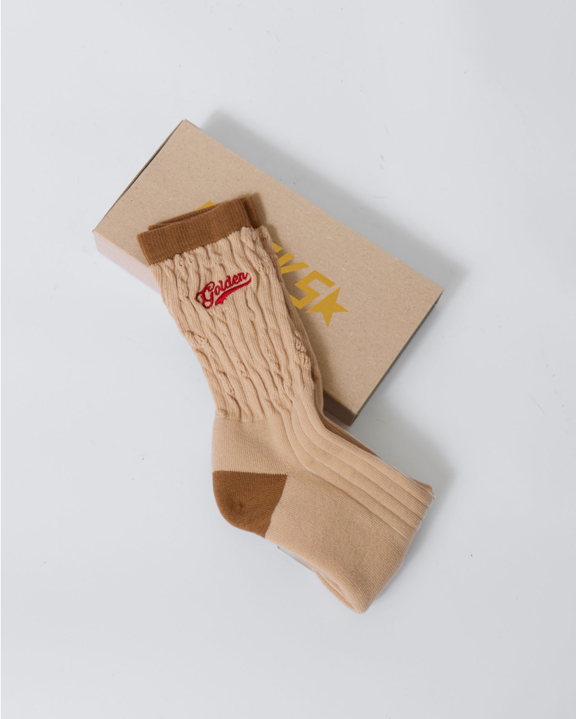 Beige Ribbed Socks with Brown Details and Red Logo
