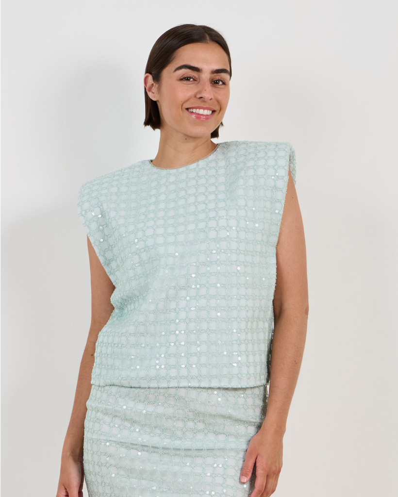Beaded Top with Shoulder Pads Ice Flow