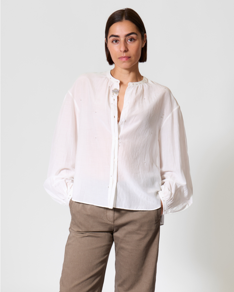 White Poplin Blouse with Rhinestones