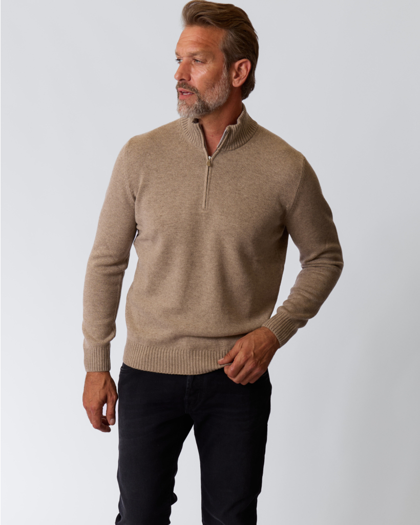 Lupo Cashmere-Blend Half-Zip Polo Beige