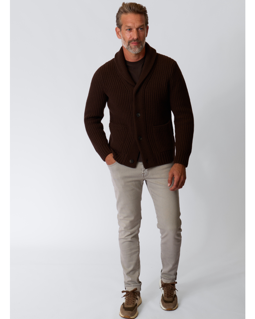 Wool Cardigan with High Collar, Espresso Brown