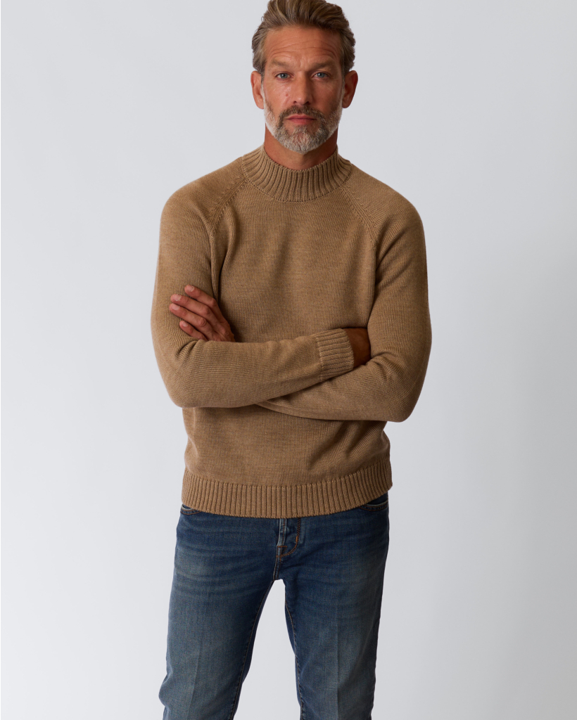 Wool Knit with Diagonal Shoulder Seam in Camel