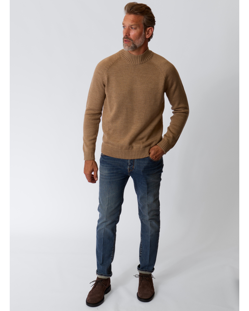 Wool Knit with Diagonal Shoulder Seam in Camel