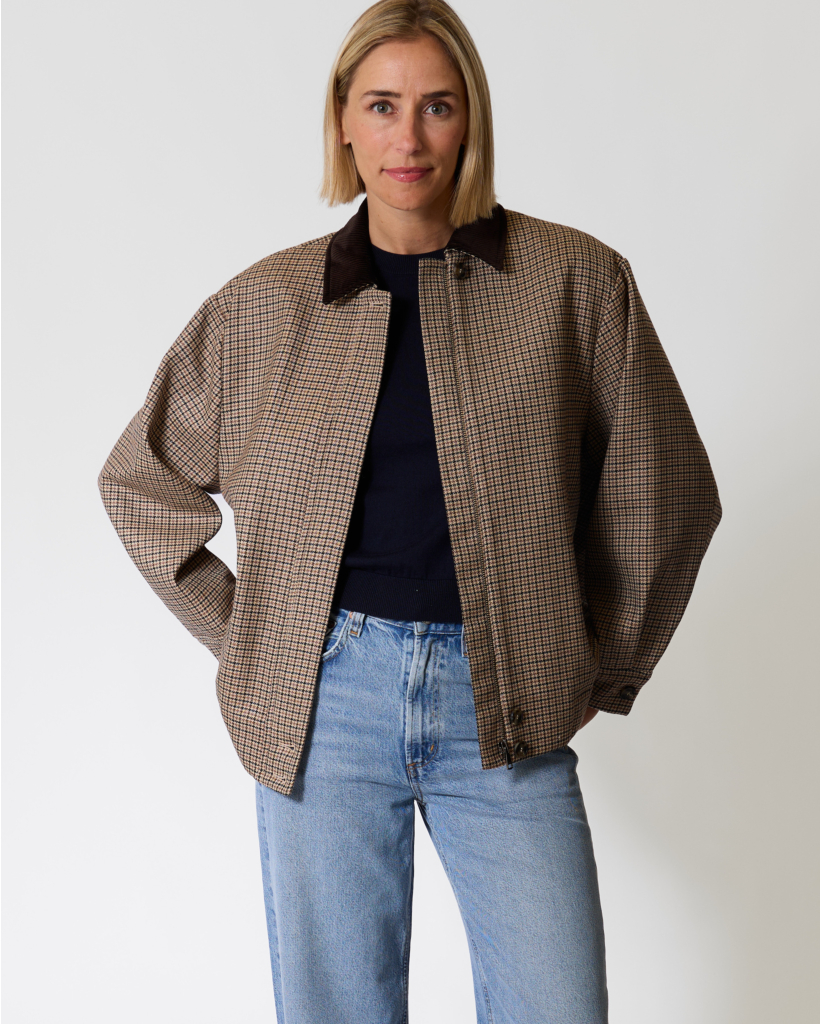 Festa Check Jacket with Corduroy Collar - Brown
