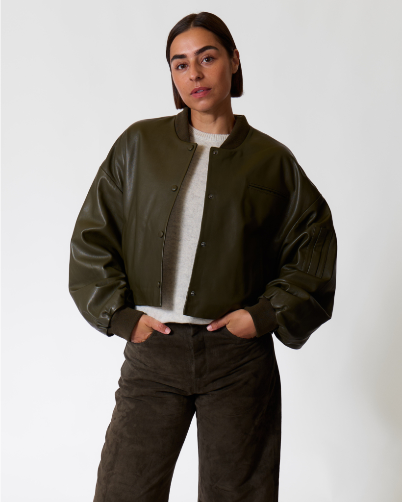 Victoria Leather Varsity Jacket Vegetal Khaki
