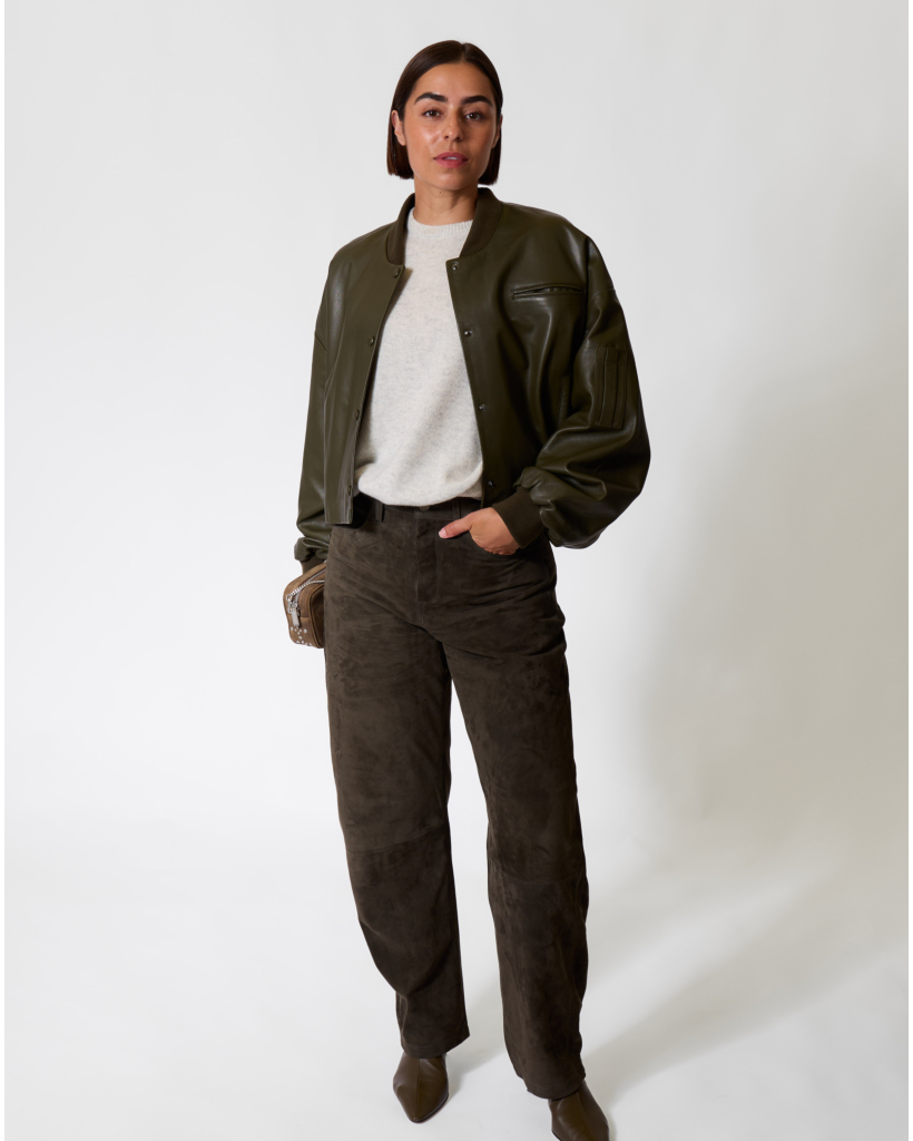 Victoria Leather Varsity Jacket Vegetal Khaki