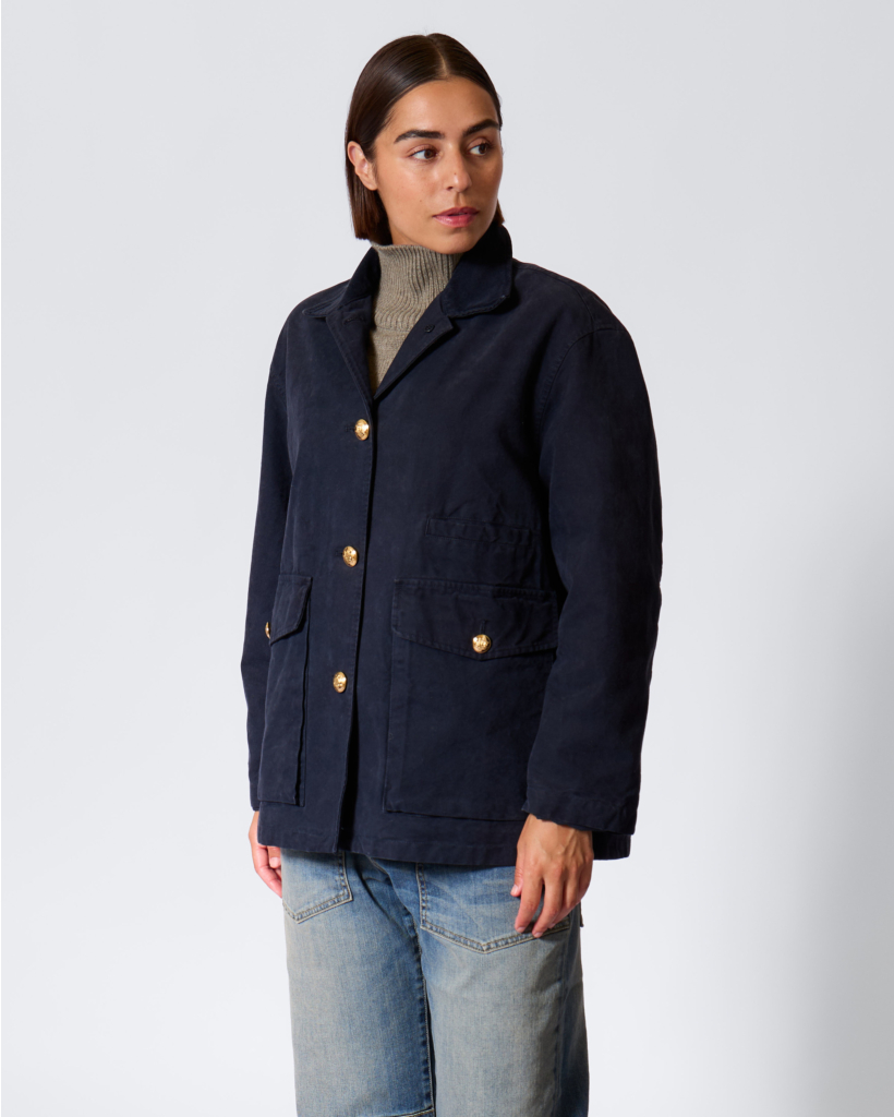 Devin Jacket with Corduroy Collar and Gold Button in Midnight