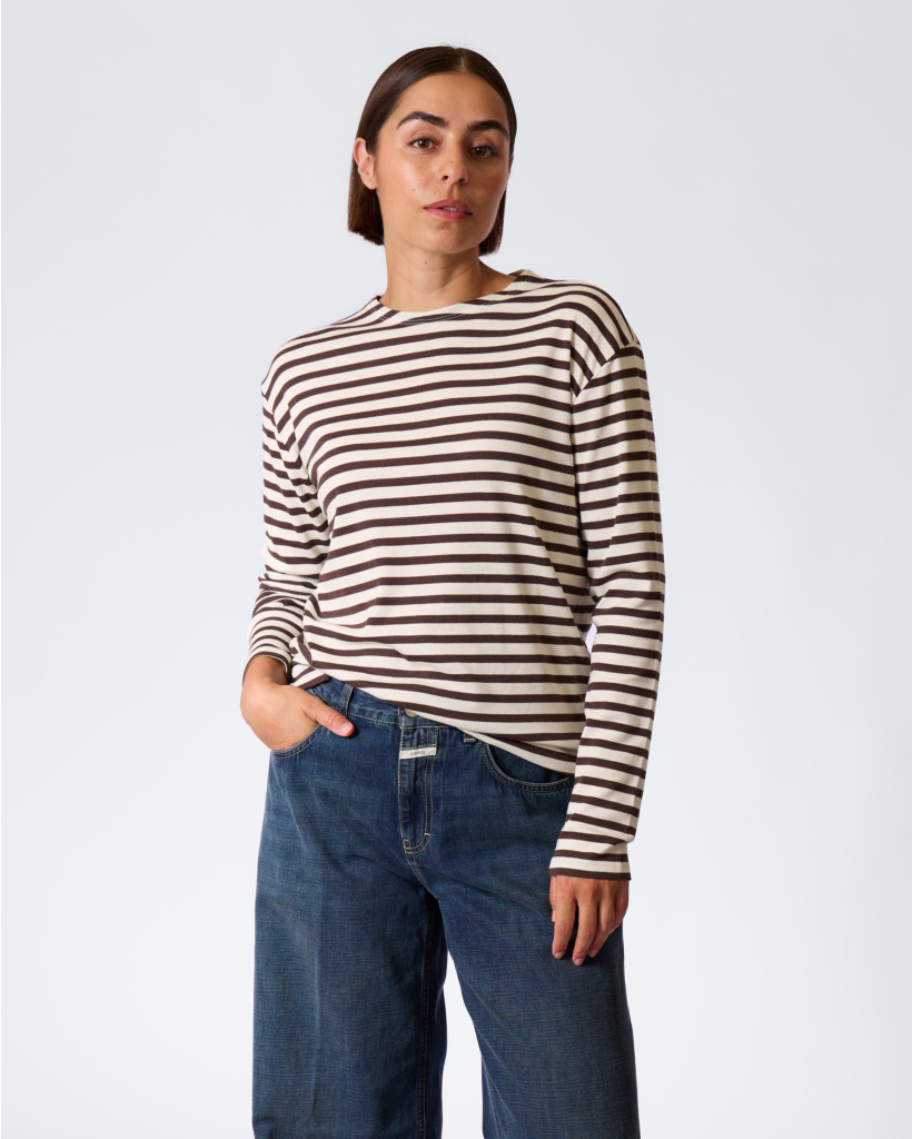 Striped Long-Sleeve Ecru/Mahogany Brown