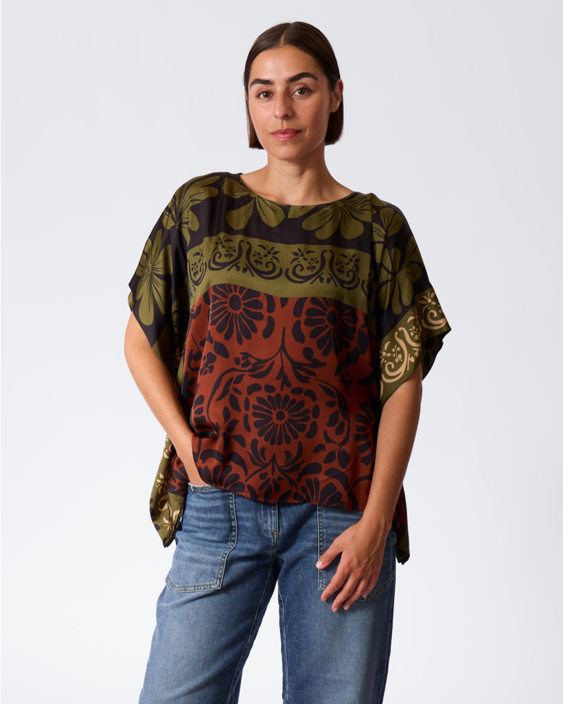 Cape Blouse with Floral Print in Moss