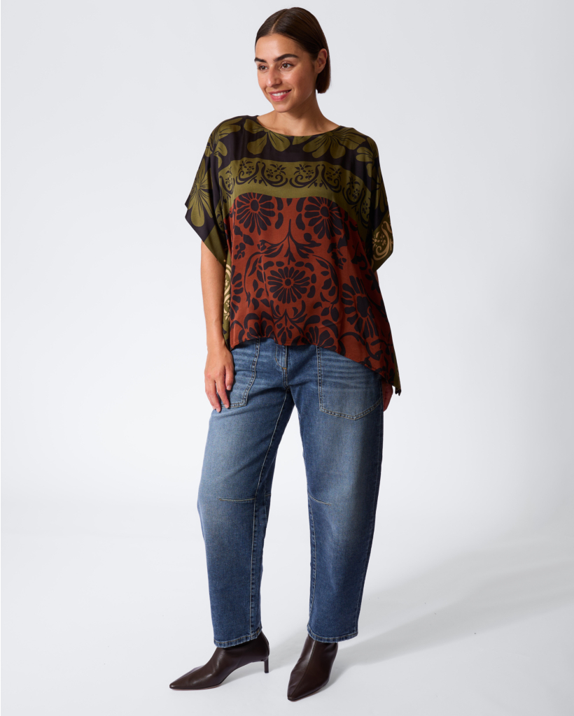 Cape Blouse with Floral Print in Moss