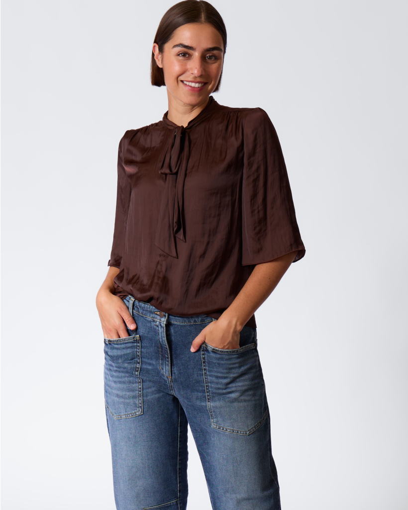 Satin Blouse with Tie-Neck - Maroon