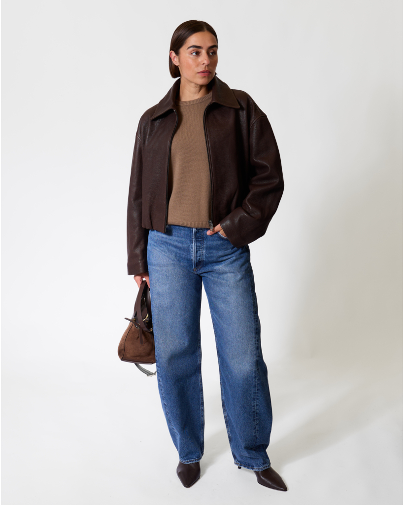 Milia Leather Bomber Jacket with Teddy Collar Nemo Glace