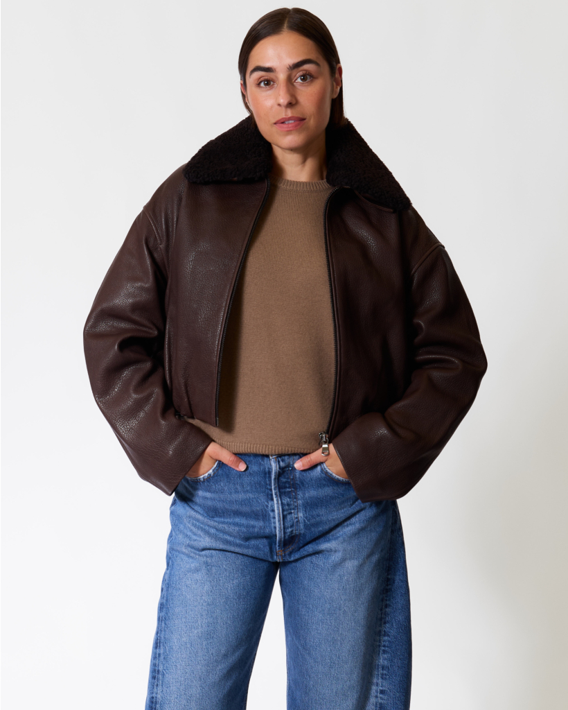 Milia Leather Bomber Jacket with Teddy Collar Nemo Glace