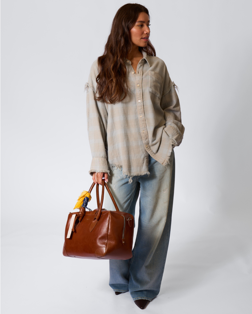 Shredded Seam Drop Neck Shirt Faded Blue Plaid