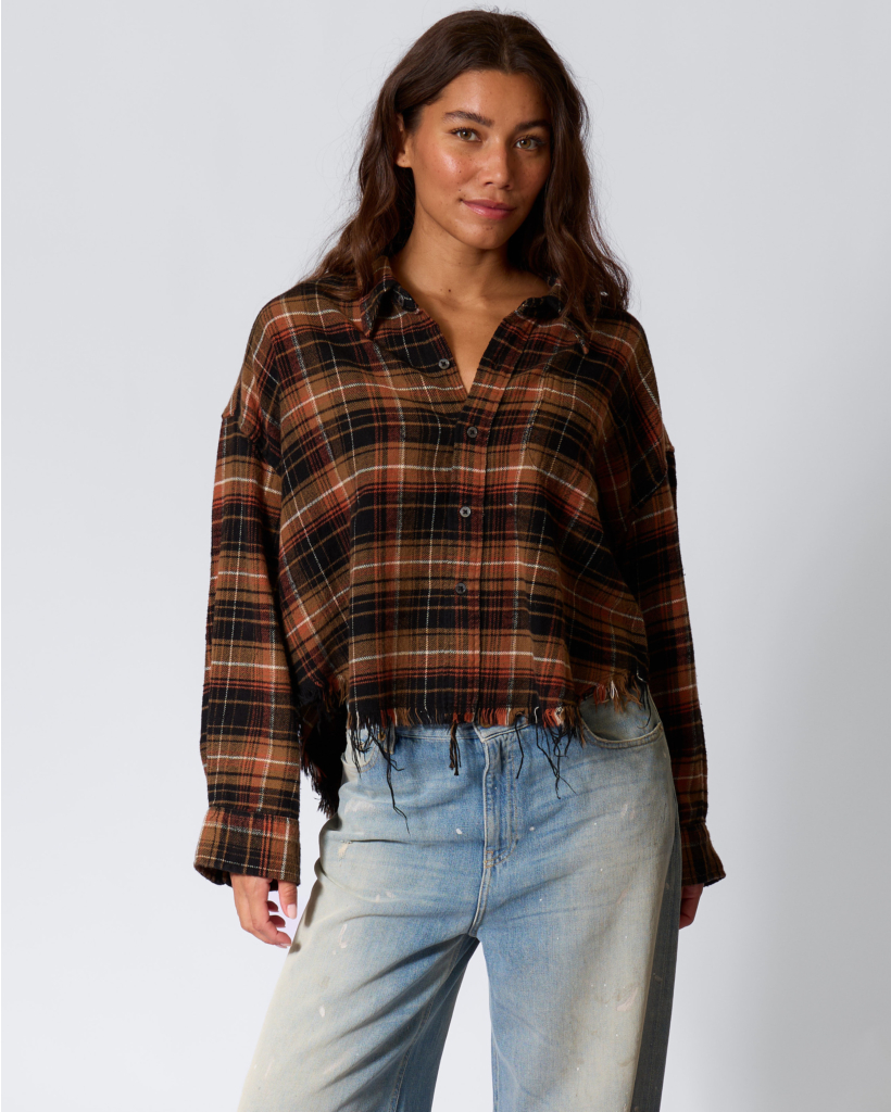 Drop Neck Cropped Check Shirt Brown Plai