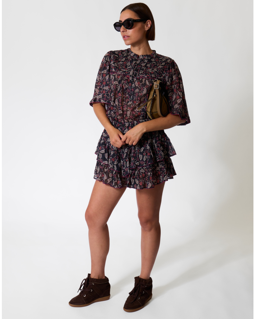 Jocadia Short Skirt with Floral Print Black/Raspberry