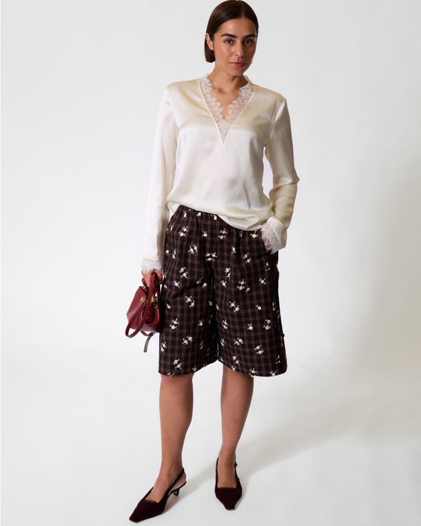 Cappuccino Checked Floral-Print Bermuda
